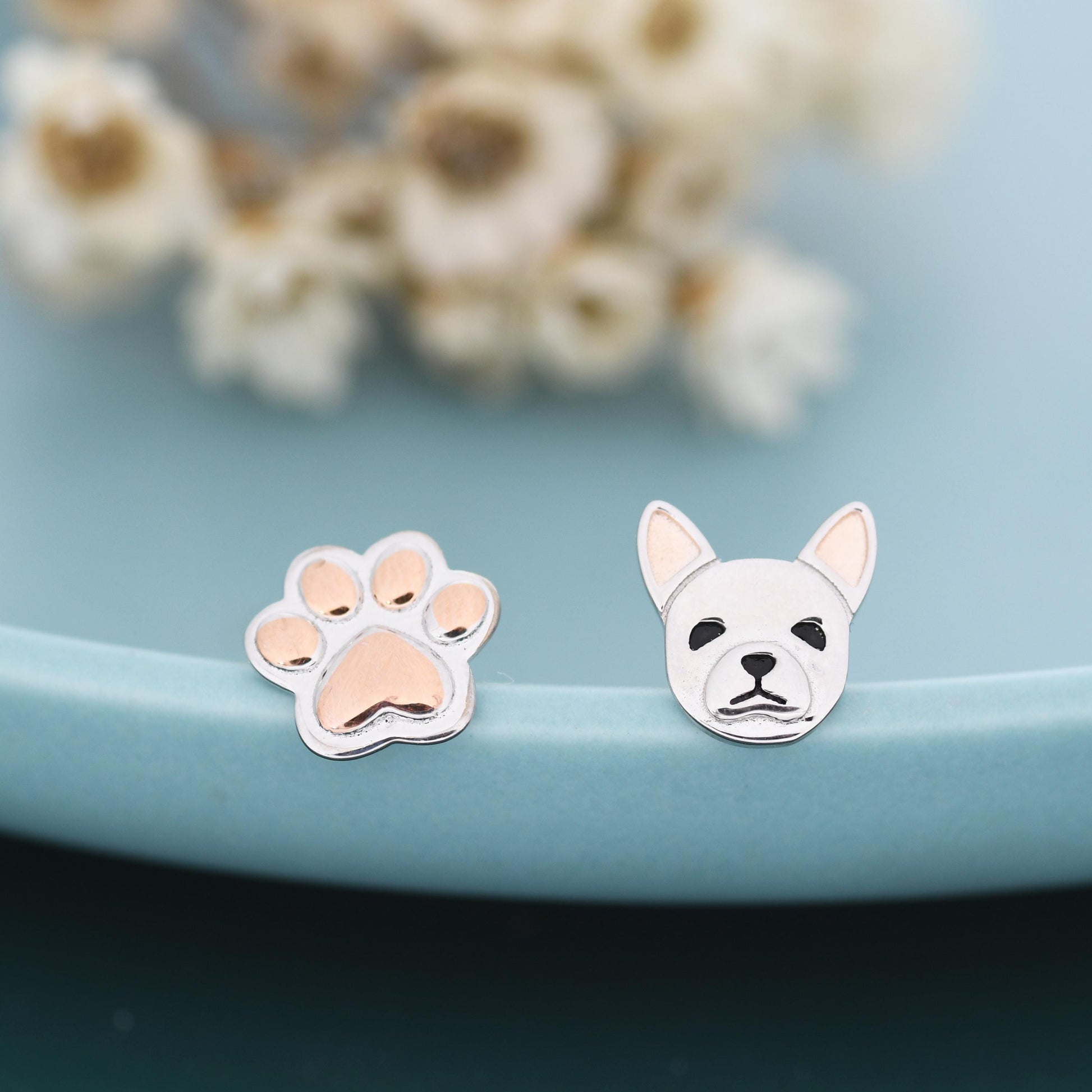 Mismatched French Bulldog and Paw Print Stud Earrings in Sterling Silver - Dog Paw Stud Earrings - Two Tone Finish - Pet Lover