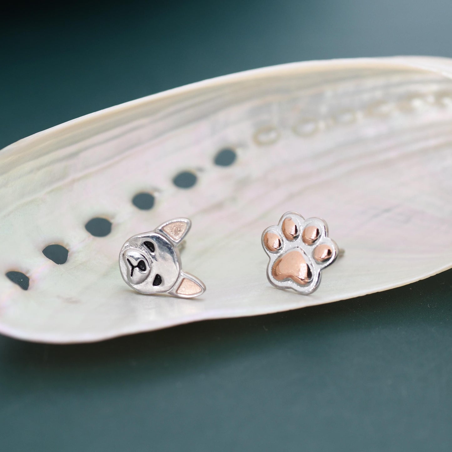Mismatched French Bulldog and Paw Print Stud Earrings in Sterling Silver - Dog Paw Stud Earrings - Two Tone Finish - Pet Lover