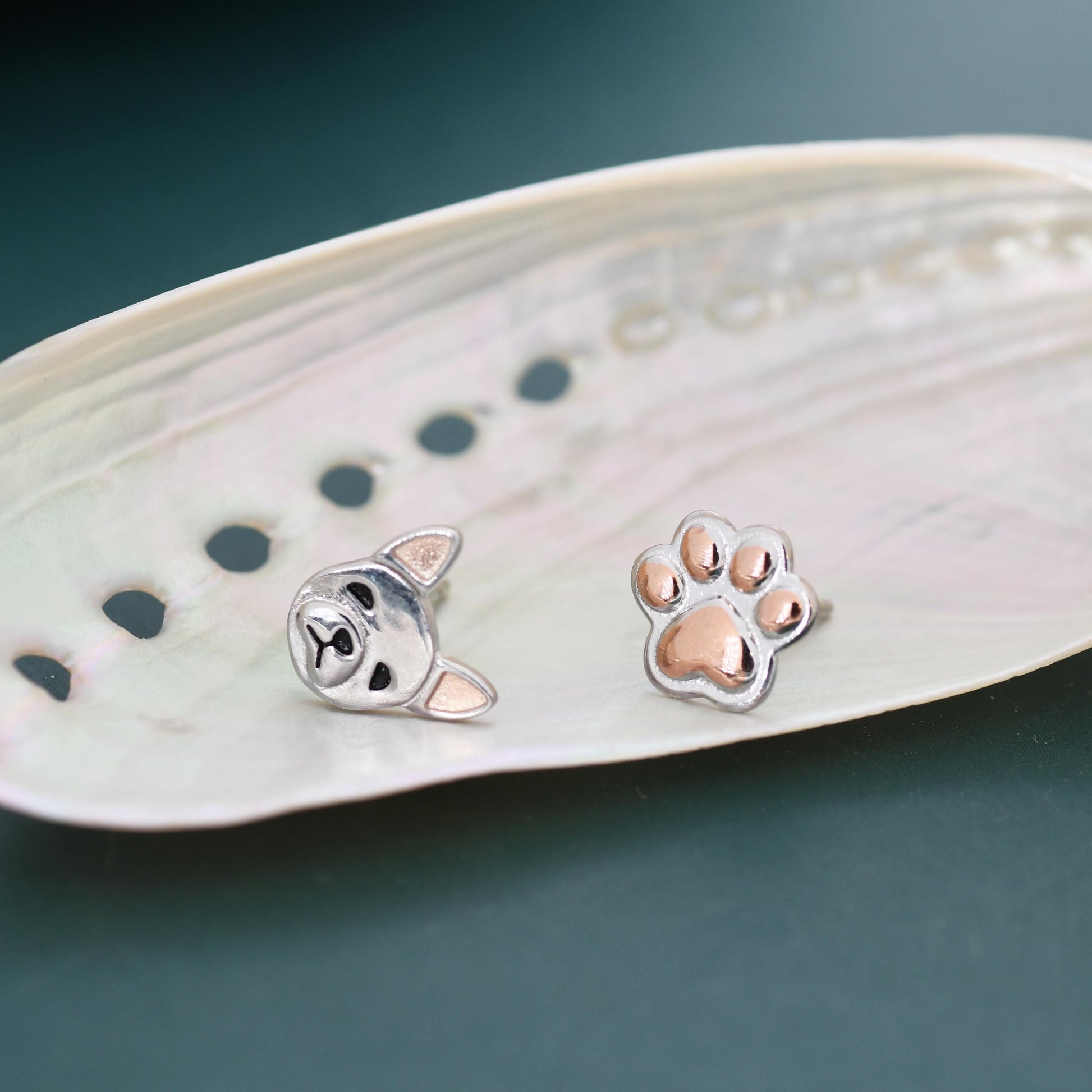 Mismatched French Bulldog and Paw Print Stud Earrings in Sterling Silver - Dog Paw Stud Earrings - Two Tone Finish - Pet Lover