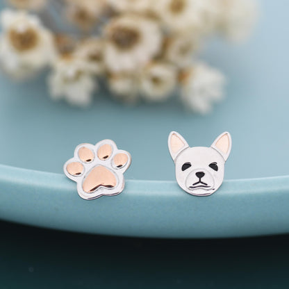 Mismatched French Bulldog and Paw Print Stud Earrings in Sterling Silver - Dog Paw Stud Earrings - Two Tone Finish - Pet Lover