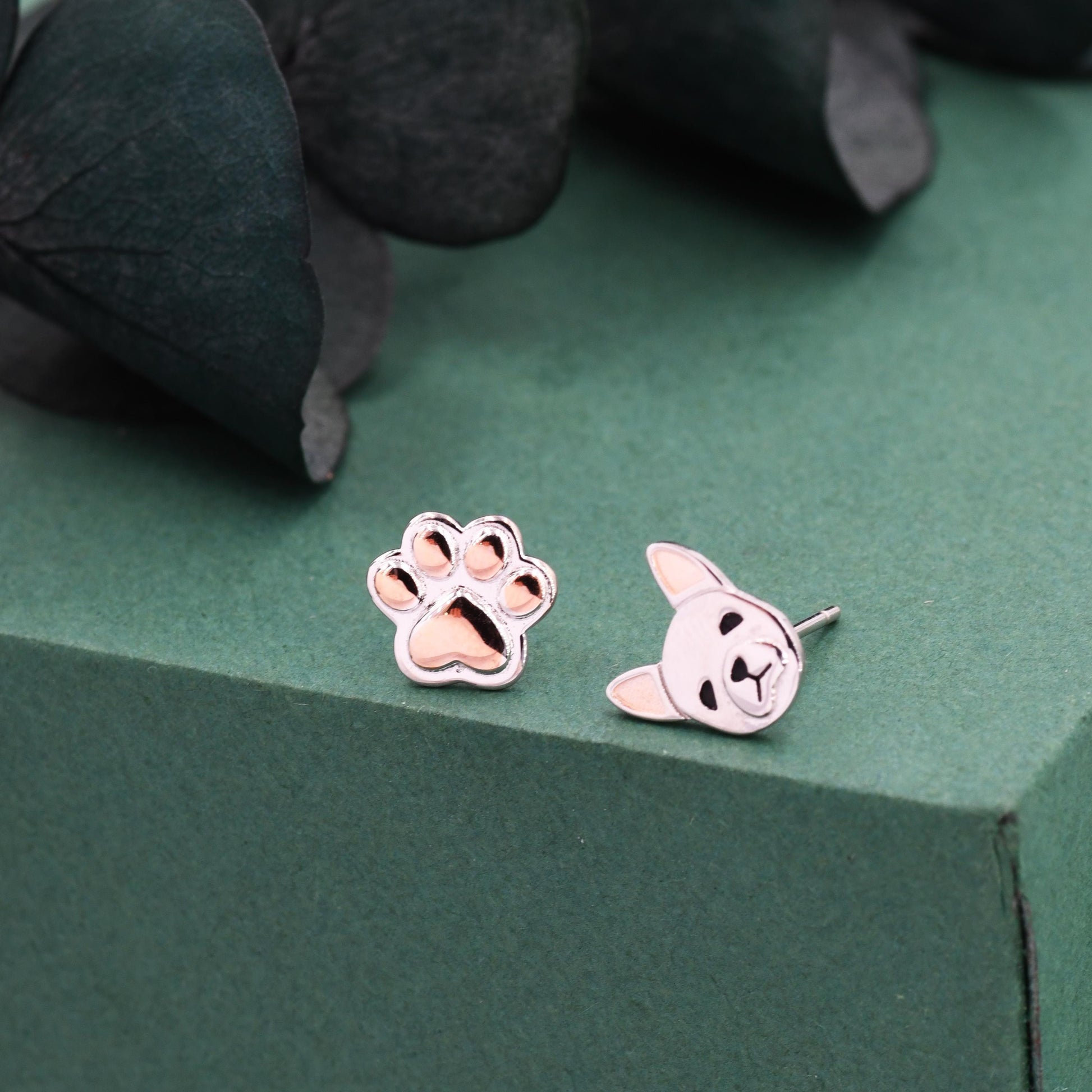 Mismatched French Bulldog and Paw Print Stud Earrings in Sterling Silver - Dog Paw Stud Earrings - Two Tone Finish - Pet Lover