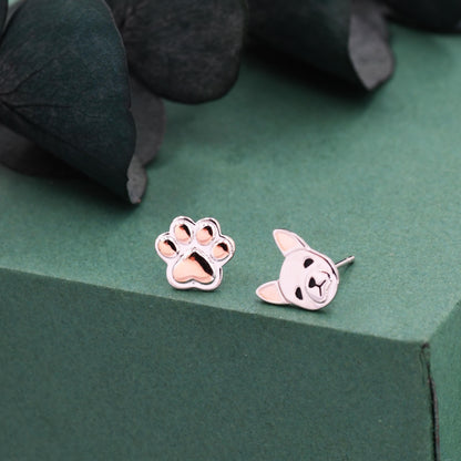 Mismatched French Bulldog and Paw Print Stud Earrings in Sterling Silver - Dog Paw Stud Earrings - Two Tone Finish - Pet Lover