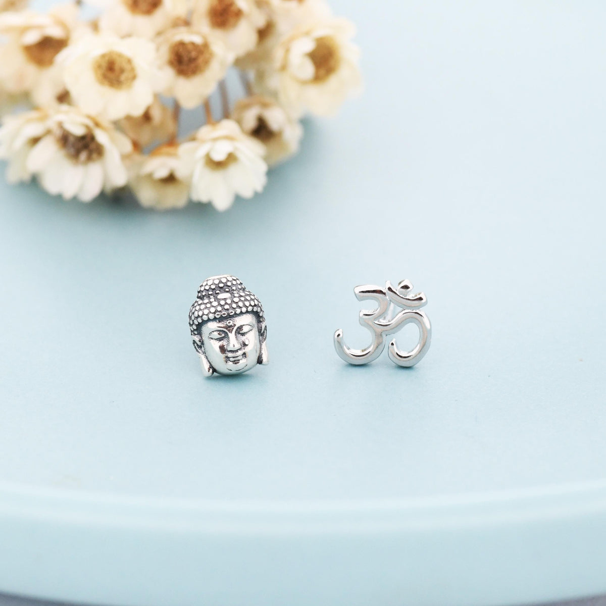 Mismatched Buddha Head and Om Stud Earrings in Sterling Silver, Asymmetric Om and Buddhist Earrings, Zen Earrings, Buddha Earrings