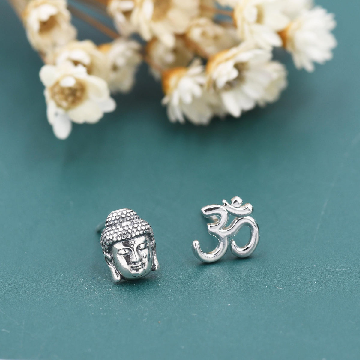 Mismatched Buddha Head and Om Stud Earrings in Sterling Silver, Asymmetric Om and Buddhist Earrings, Zen Earrings, Buddha Earrings