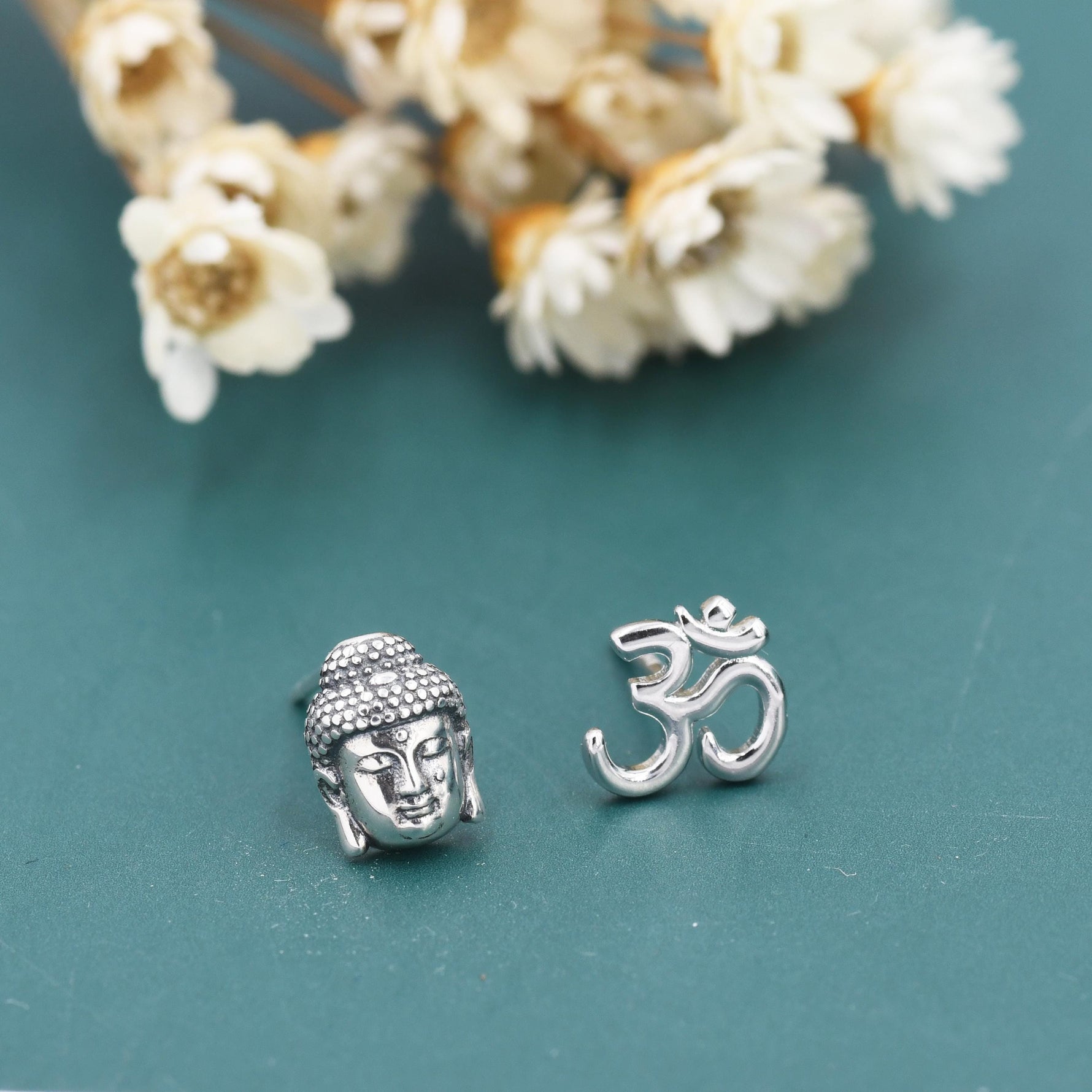 Mismatched Buddha Head and Om Stud Earrings in Sterling Silver, Asymmetric Om and Buddhist Earrings, Zen Earrings, Buddha Earrings