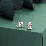 Mismatched Buddha Head and Om Stud Earrings in Sterling Silver, Asymmetric Om and Buddhist Earrings, Zen Earrings, Buddha Earrings