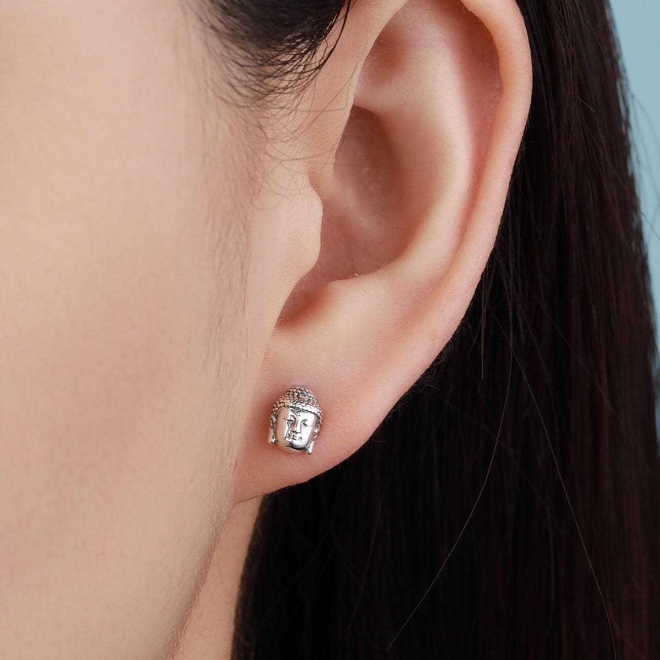 Mismatched Buddha Head and Om Stud Earrings in Sterling Silver, Asymmetric Om and Buddhist Earrings, Zen Earrings, Buddha Earrings