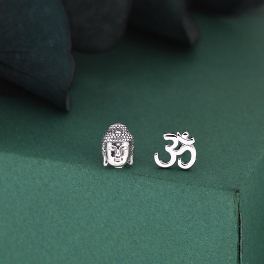 Mismatched Buddha Head and Om Stud Earrings in Sterling Silver, Asymmetric Om and Buddhist Earrings, Zen Earrings, Buddha Earrings