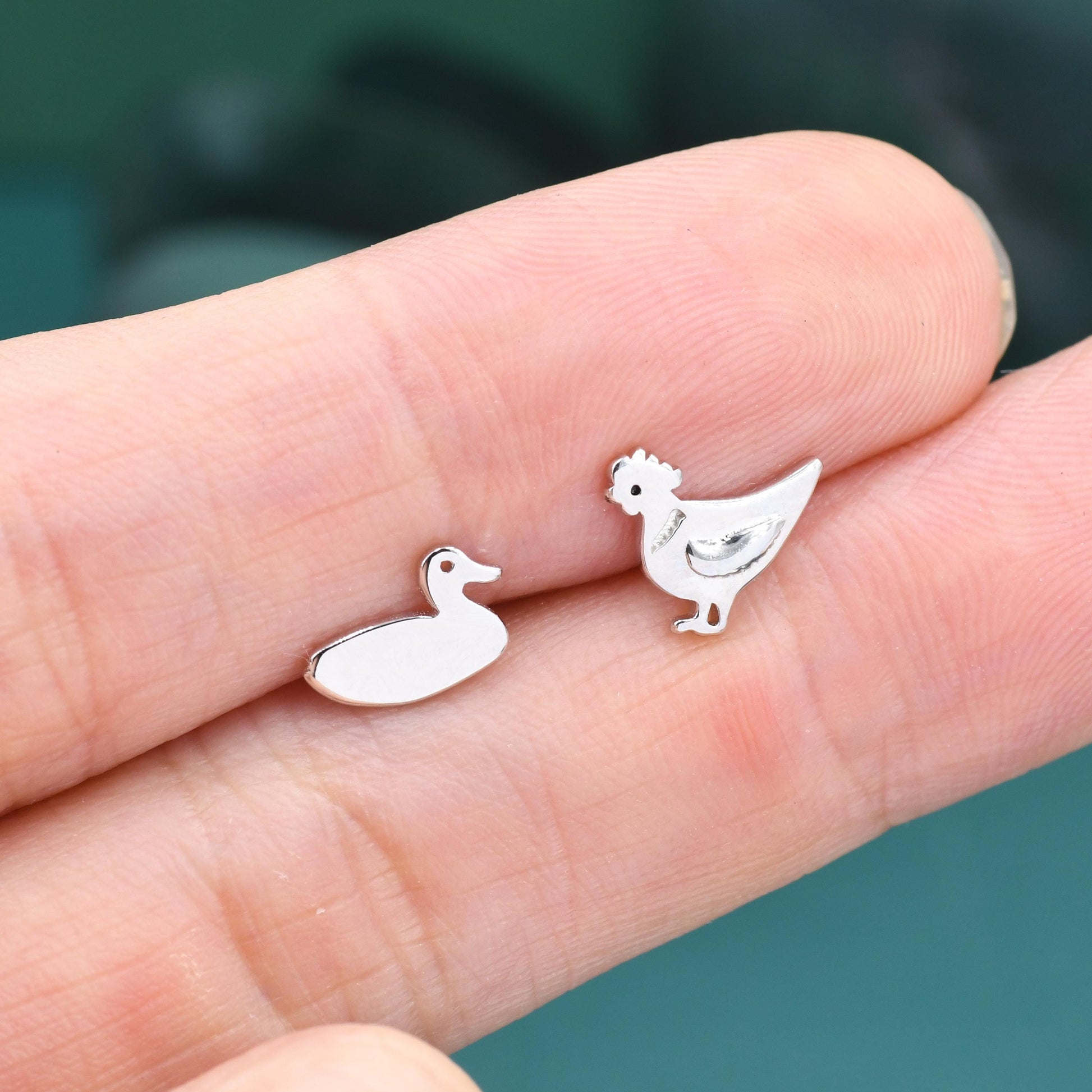 Mismatched Chicken and Duck Stud Earrings in Sterling Silver, Asymmetric Duck and Chicken Earrings, Bird Earrings, Farm Earrings