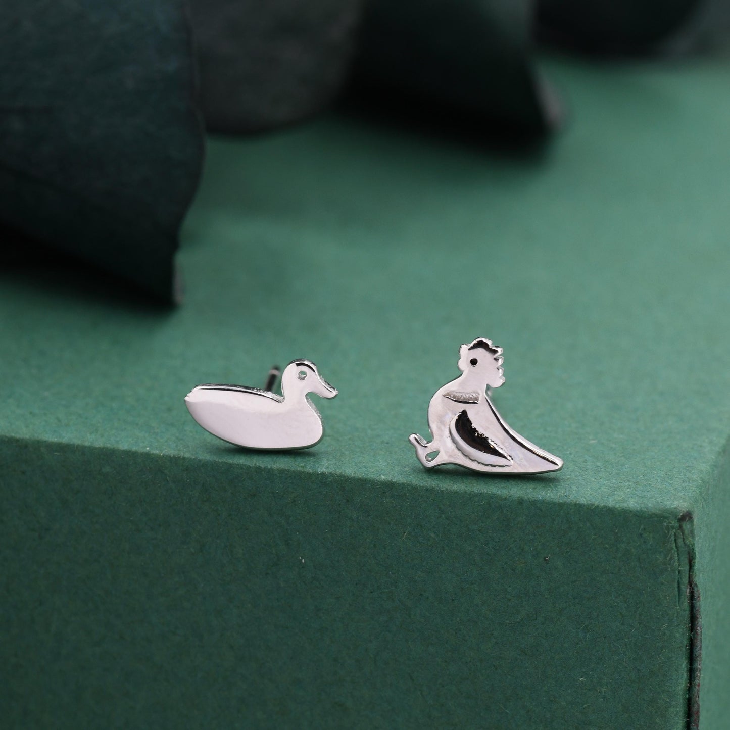 Mismatched Chicken and Duck Stud Earrings in Sterling Silver, Asymmetric Duck and Chicken Earrings, Bird Earrings, Farm Earrings