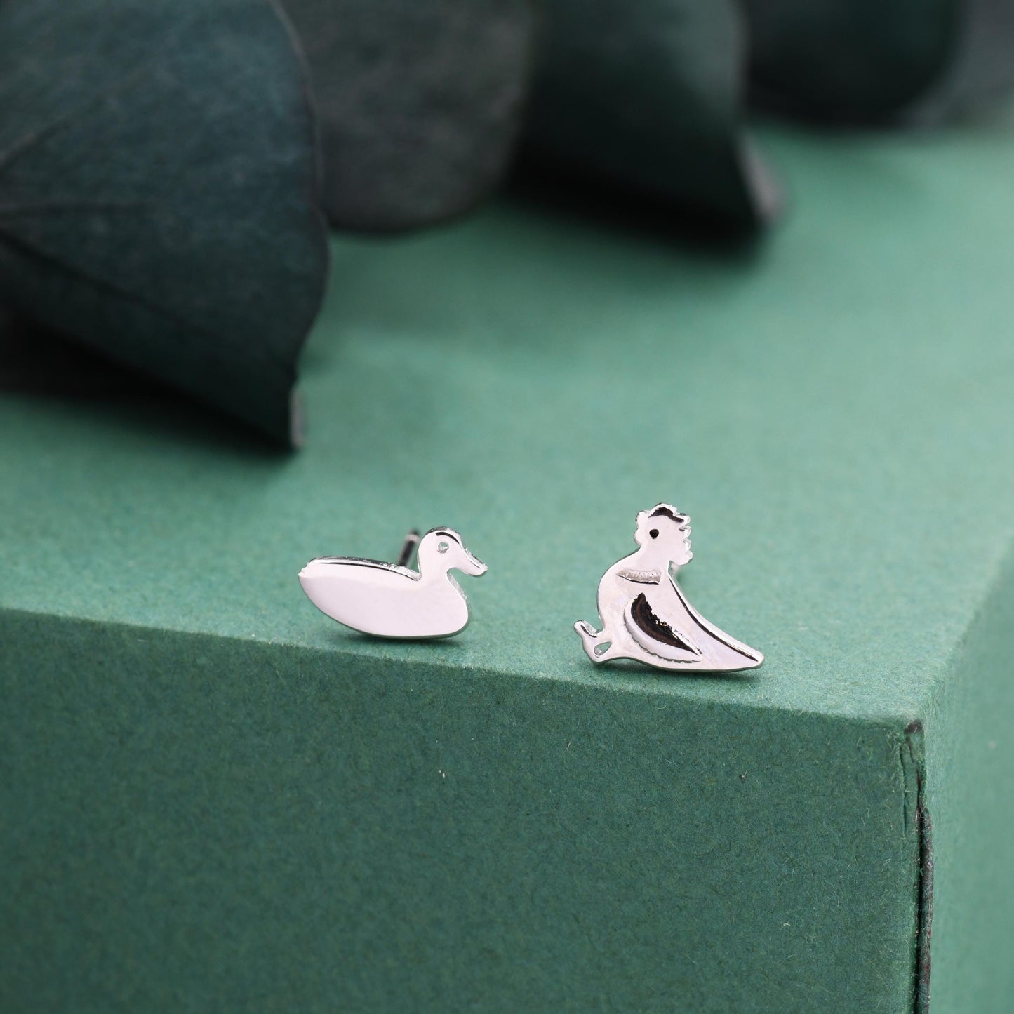 Mismatched Chicken and Duck Stud Earrings in Sterling Silver, Asymmetric Duck and Chicken Earrings, Bird Earrings, Farm Earrings