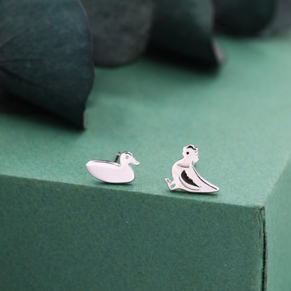 Mismatched Chicken and Duck Stud Earrings in Sterling Silver, Asymmetric Duck and Chicken Earrings, Bird Earrings, Farm Earrings
