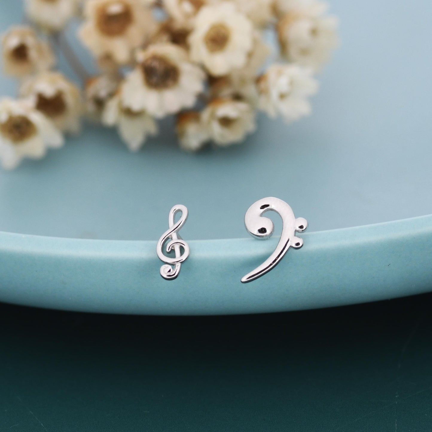 Sterling Silver Treble & Bass Clef Mismatched Stud Earrings, Asymmetric Music Earrings, Melody Earrings