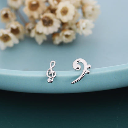 Sterling Silver Treble & Bass Clef Mismatched Stud Earrings, Asymmetric Music Earrings, Melody Earrings