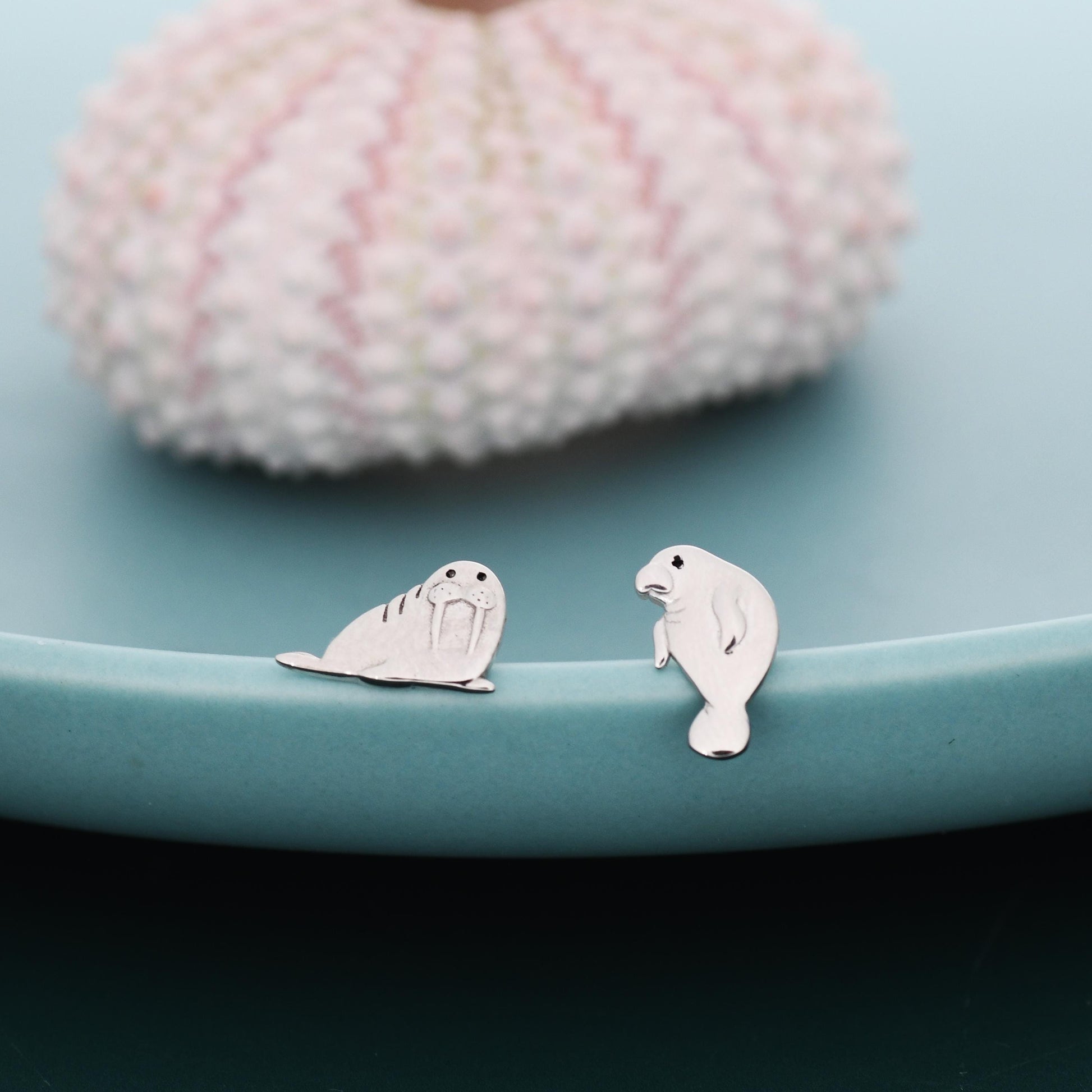 Sterling Silver Walrus & Manatee Mismatched Stud Earrings, Asymmetric Manatee and Walrus Earrings