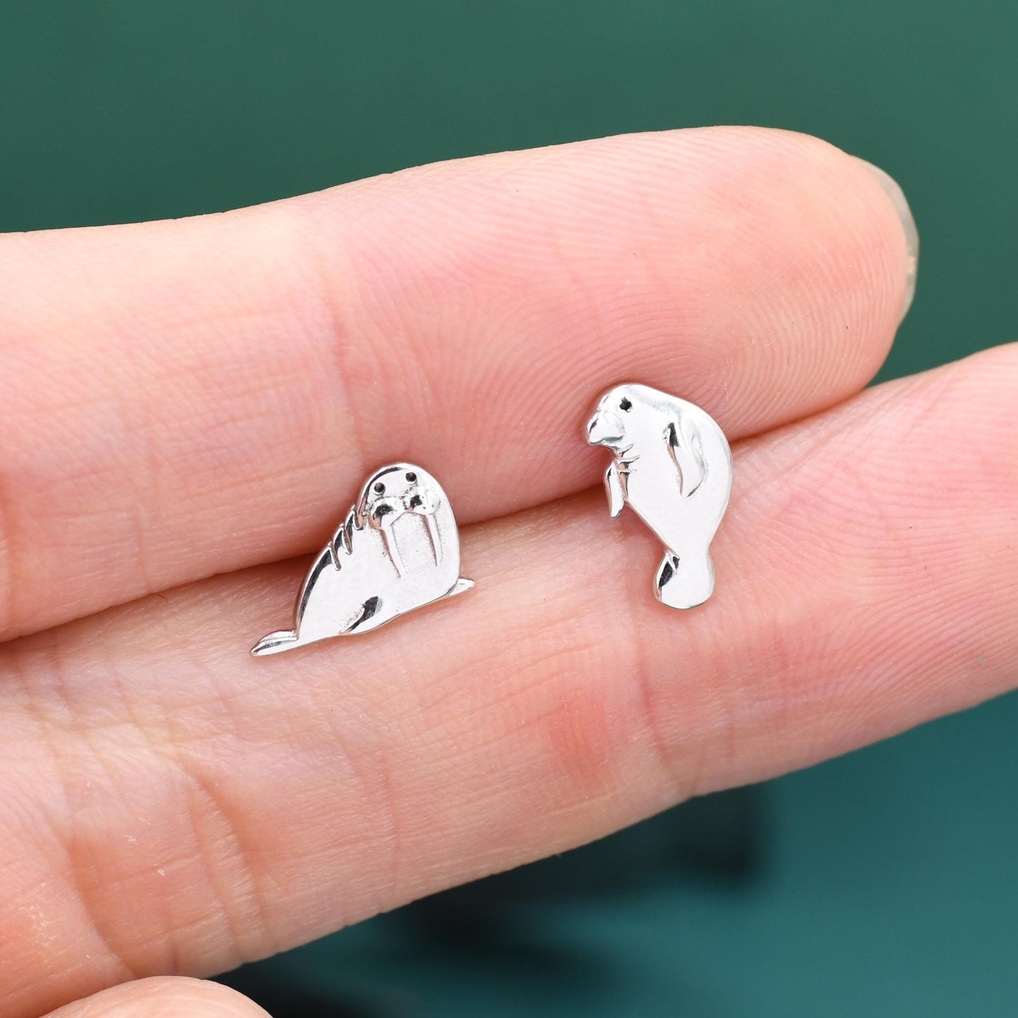 Sterling Silver Walrus & Manatee Mismatched Stud Earrings, Asymmetric Manatee and Walrus Earrings