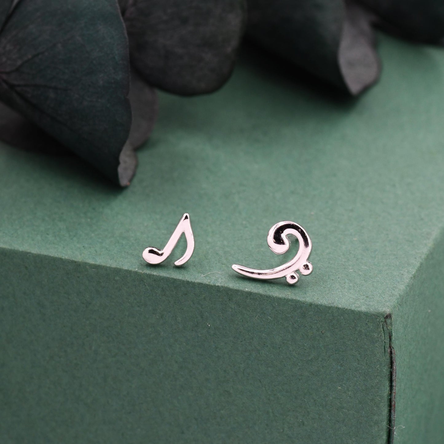 Sterling Silver Asymmetric Music Note & Bass Clef Stud Earrings – Minimalist Mismatched Earrings, Musician Gift, Hypoallergenic Jewellery