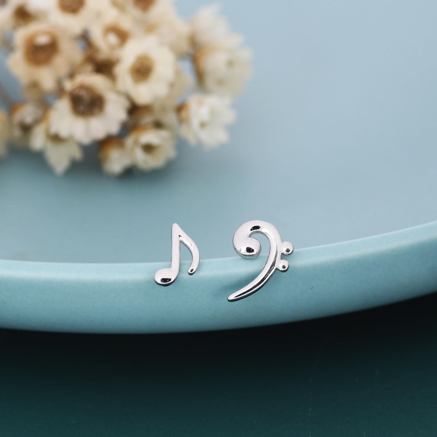 Sterling Silver Asymmetric Music Note & Bass Clef Stud Earrings – Minimalist Mismatched Earrings, Musician Gift, Hypoallergenic Jewellery