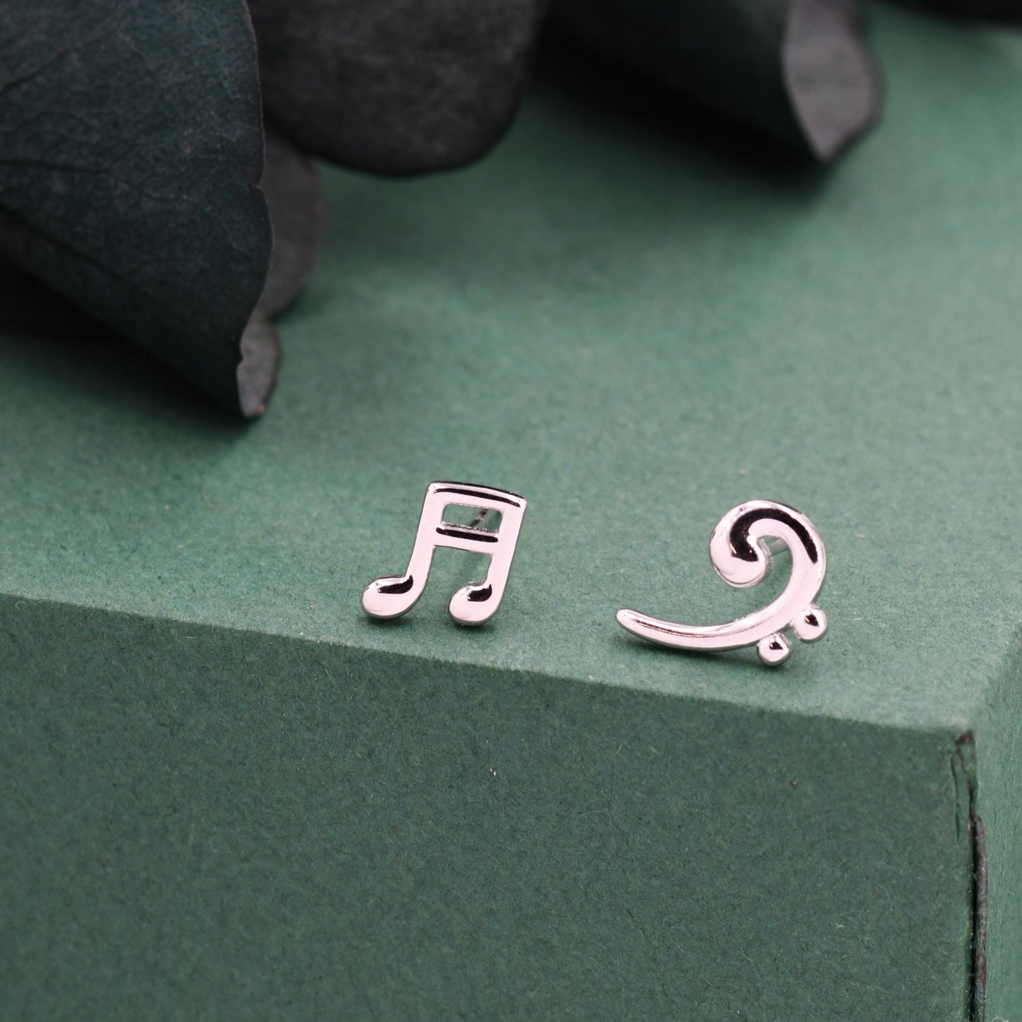 Sterling Silver Double Quaver & Bass Clef Stud Earrings – Minimalist Mismatched Music Note Earrings, Gift for Musicians, Asymmetric Studs