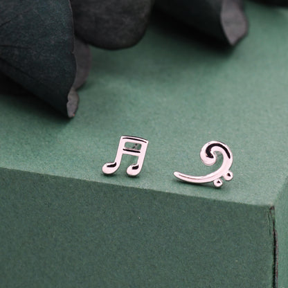 Sterling Silver Double Quaver & Bass Clef Stud Earrings – Minimalist Mismatched Music Note Earrings, Gift for Musicians, Asymmetric Studs