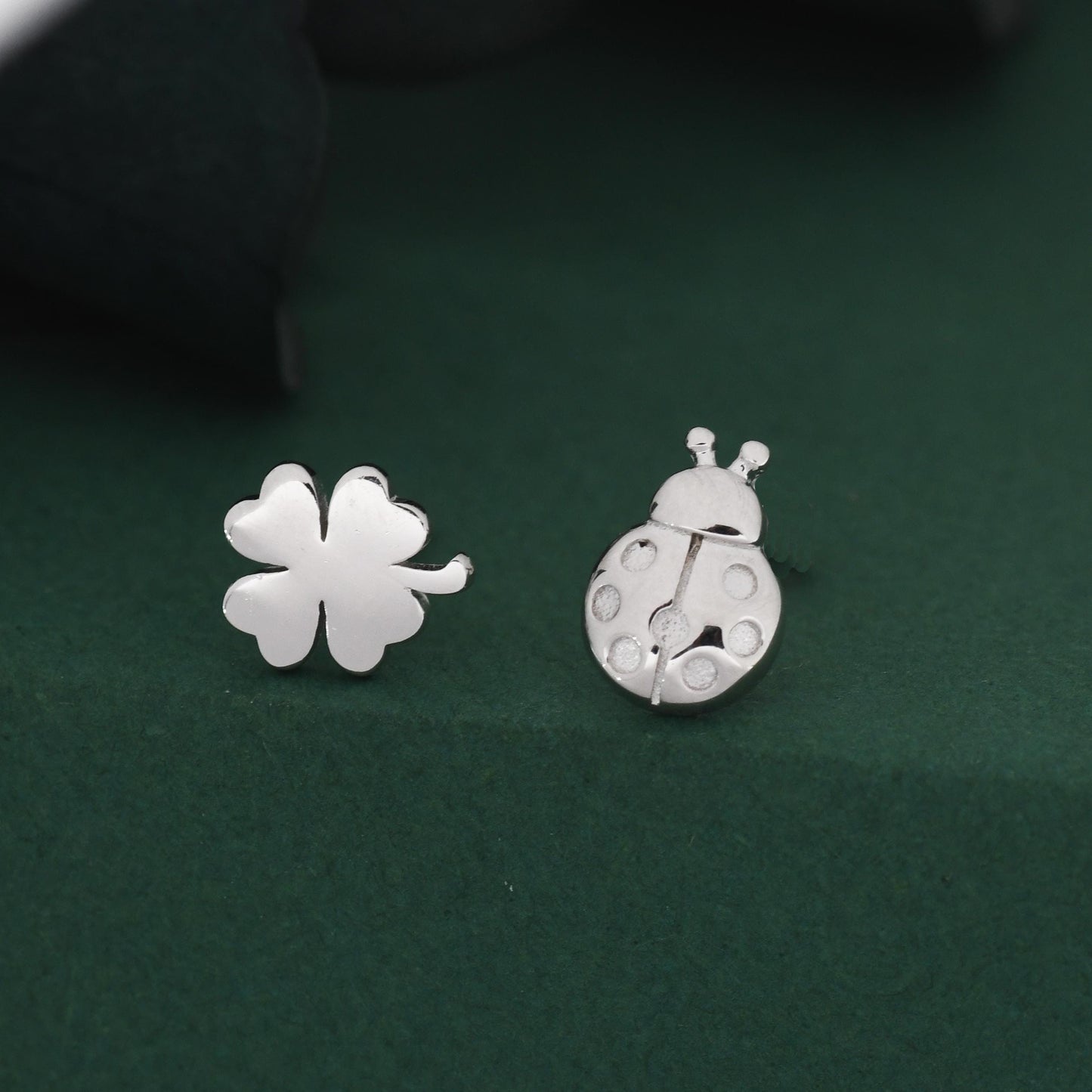 Sterling Silver Four-Leaf Clover & Ladybird Stud Earrings – Good Luck Mismatched Earrings, Minimalist Nature Jewellery, Gift for Her