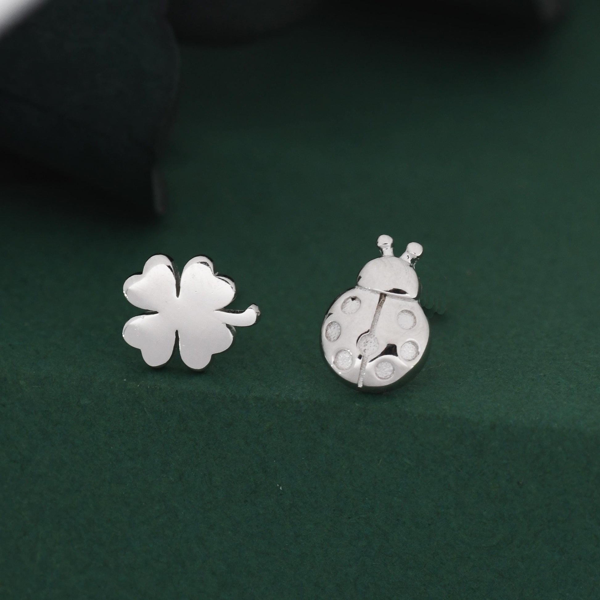 Sterling Silver Four-Leaf Clover & Ladybird Stud Earrings – Good Luck Mismatched Earrings, Minimalist Nature Jewellery, Gift for Her