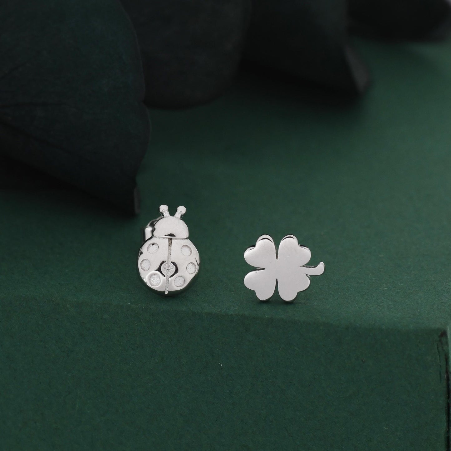 Sterling Silver Four-Leaf Clover & Ladybird Stud Earrings – Good Luck Mismatched Earrings, Minimalist Nature Jewellery, Gift for Her