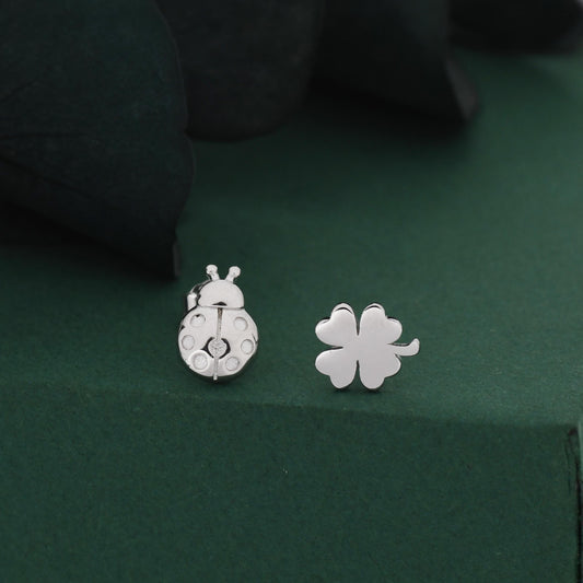 Sterling Silver Four-Leaf Clover & Ladybird Stud Earrings – Good Luck Mismatched Earrings, Minimalist Nature Jewellery, Gift for Her