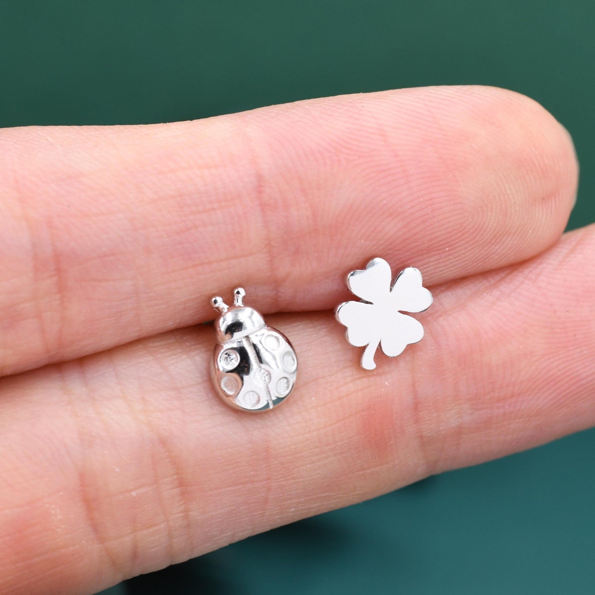 Sterling Silver Four-Leaf Clover & Ladybird Stud Earrings – Good Luck Mismatched Earrings, Minimalist Nature Jewellery, Gift for Her