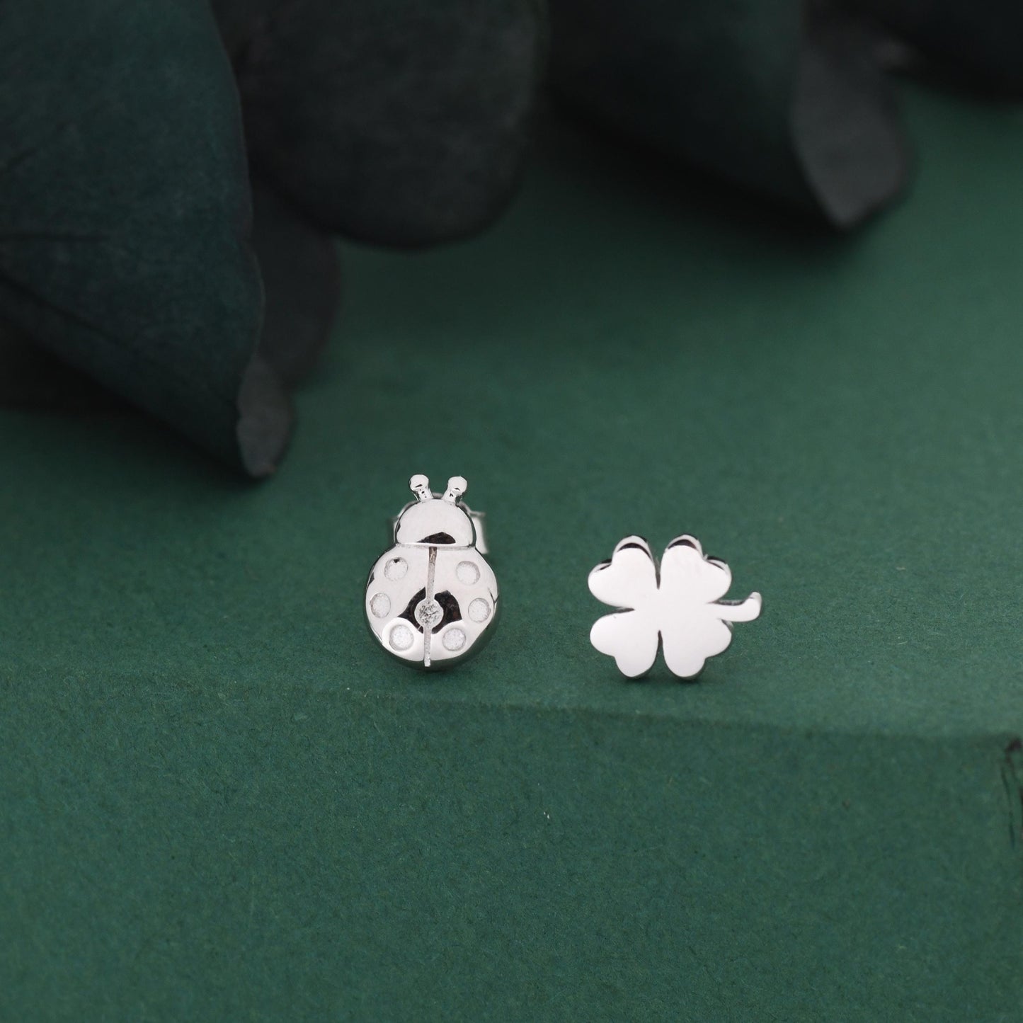 Sterling Silver Four-Leaf Clover & Ladybird Stud Earrings – Good Luck Mismatched Earrings, Minimalist Nature Jewellery, Gift for Her