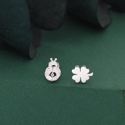 Sterling Silver Four-Leaf Clover & Ladybird Stud Earrings – Good Luck Mismatched Earrings, Minimalist Nature Jewellery, Gift for Her
