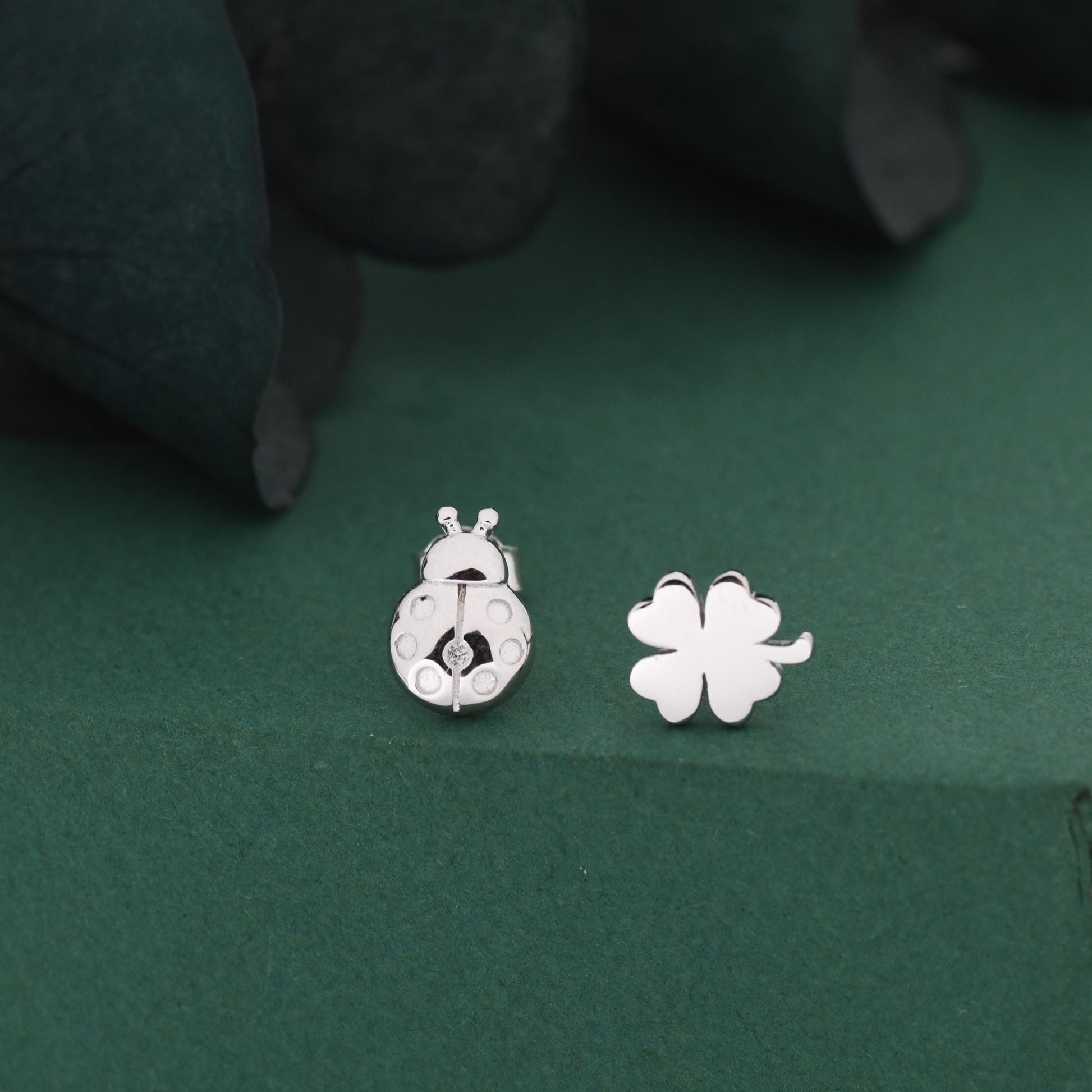 Sterling Silver Four-Leaf Clover & Ladybird Stud Earrings – Good Luck Mismatched Earrings, Minimalist Nature Jewellery, Gift for Her