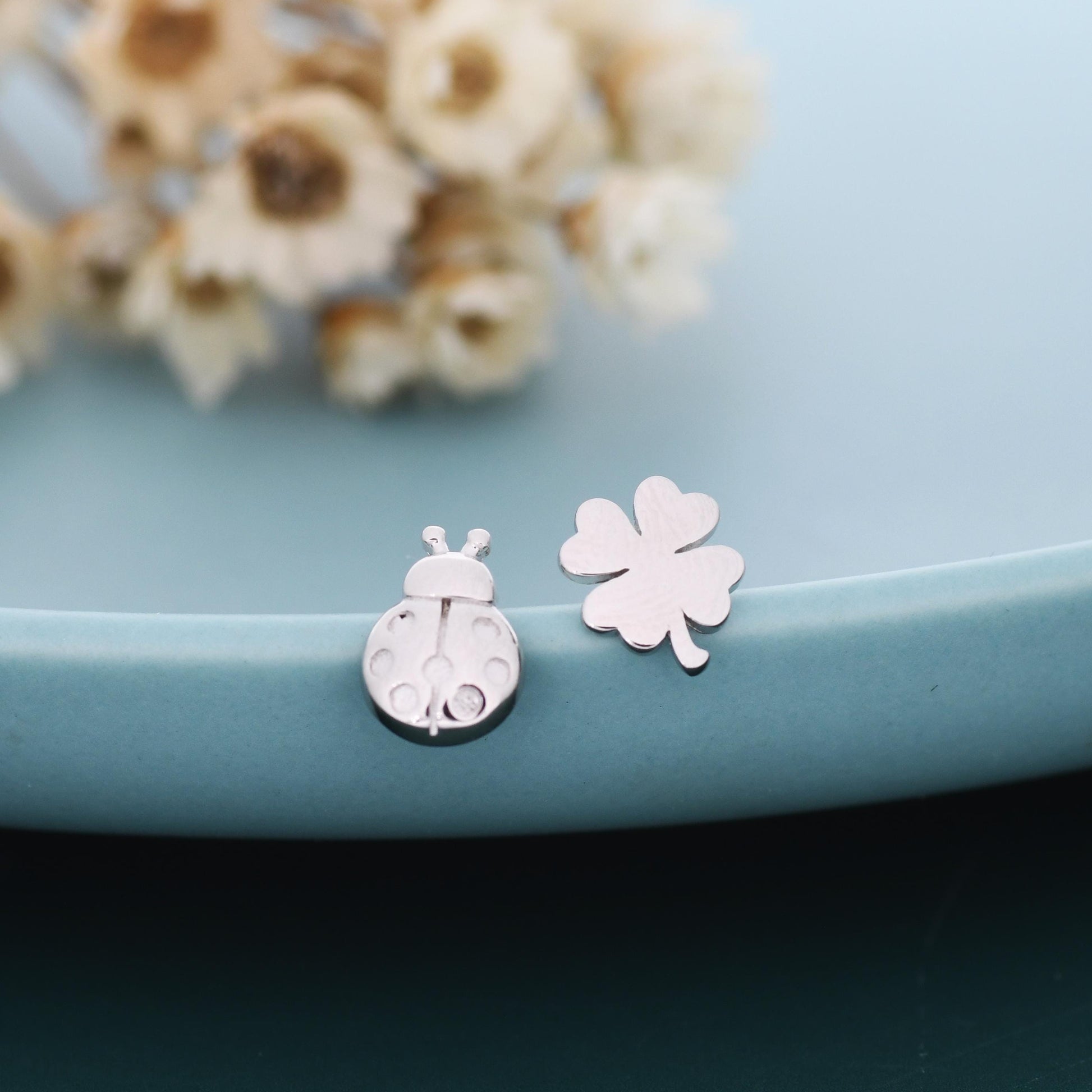 Sterling Silver Four-Leaf Clover & Ladybird Stud Earrings – Good Luck Mismatched Earrings, Minimalist Nature Jewellery, Gift for Her