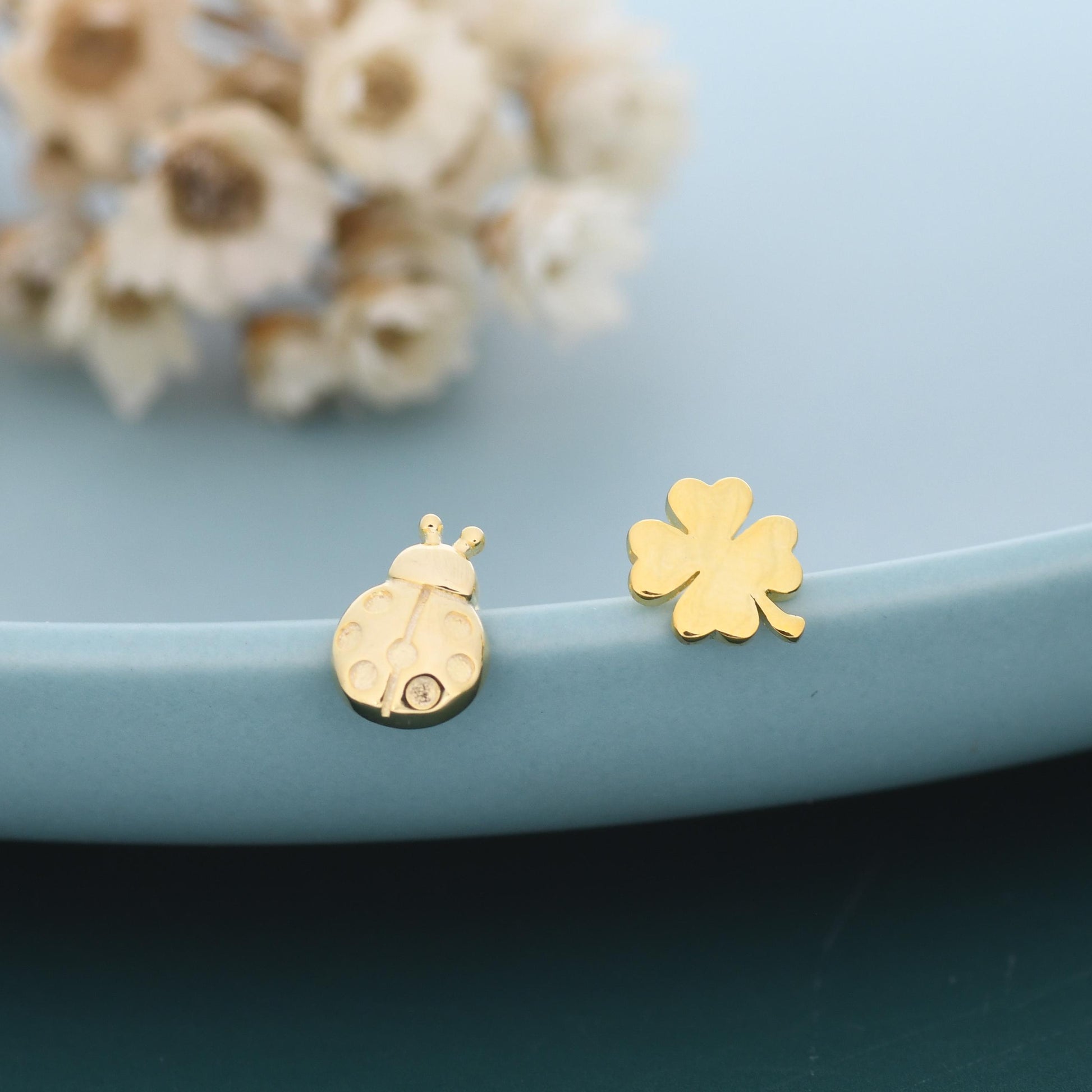 Sterling Silver Four-Leaf Clover & Ladybird Stud Earrings – Good Luck Mismatched Earrings, Minimalist Nature Jewellery, Gift for Her