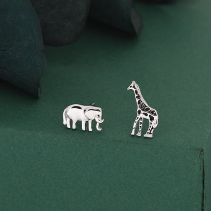Sterling Silver Elephant & Giraffe Stud Earrings – Safari Animal Mismatched Earrings, Minimalist Asymmetric, Gift for Animal Lovers