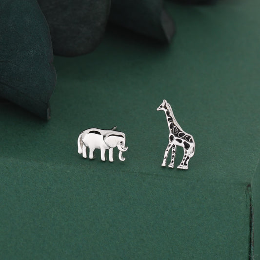 Sterling Silver Elephant & Giraffe Stud Earrings – Safari Animal Mismatched Earrings, Minimalist Asymmetric, Gift for Animal Lovers