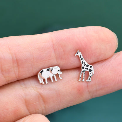 Sterling Silver Elephant & Giraffe Stud Earrings – Safari Animal Mismatched Earrings, Minimalist Asymmetric, Gift for Animal Lovers