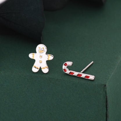 Sterling Silver Gingerbread Man & Candy Cane Stud Earrings – Christmas Mismatched Earrings, Festive Holiday Jewellery, Asymmetric Earrings