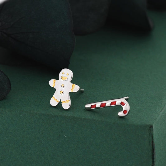 Sterling Silver Gingerbread Man & Candy Cane Stud Earrings – Christmas Mismatched Earrings, Festive Holiday Jewellery, Asymmetric Earrings