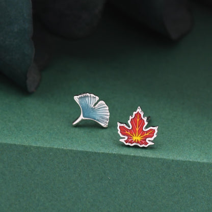 Sterling Silver Maple Leaf & Ginkgo Leaf Stud Earrings – Colorful Autumn Mismatched Earrings, Nature Inspired Jewelry, Asymmetric Earrings
