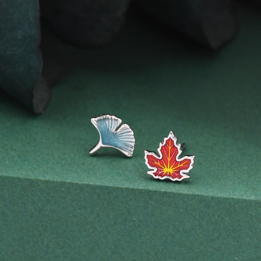 Sterling Silver Maple Leaf & Ginkgo Leaf Stud Earrings – Colorful Autumn Mismatched Earrings, Nature Inspired Jewelry, Asymmetric Earrings