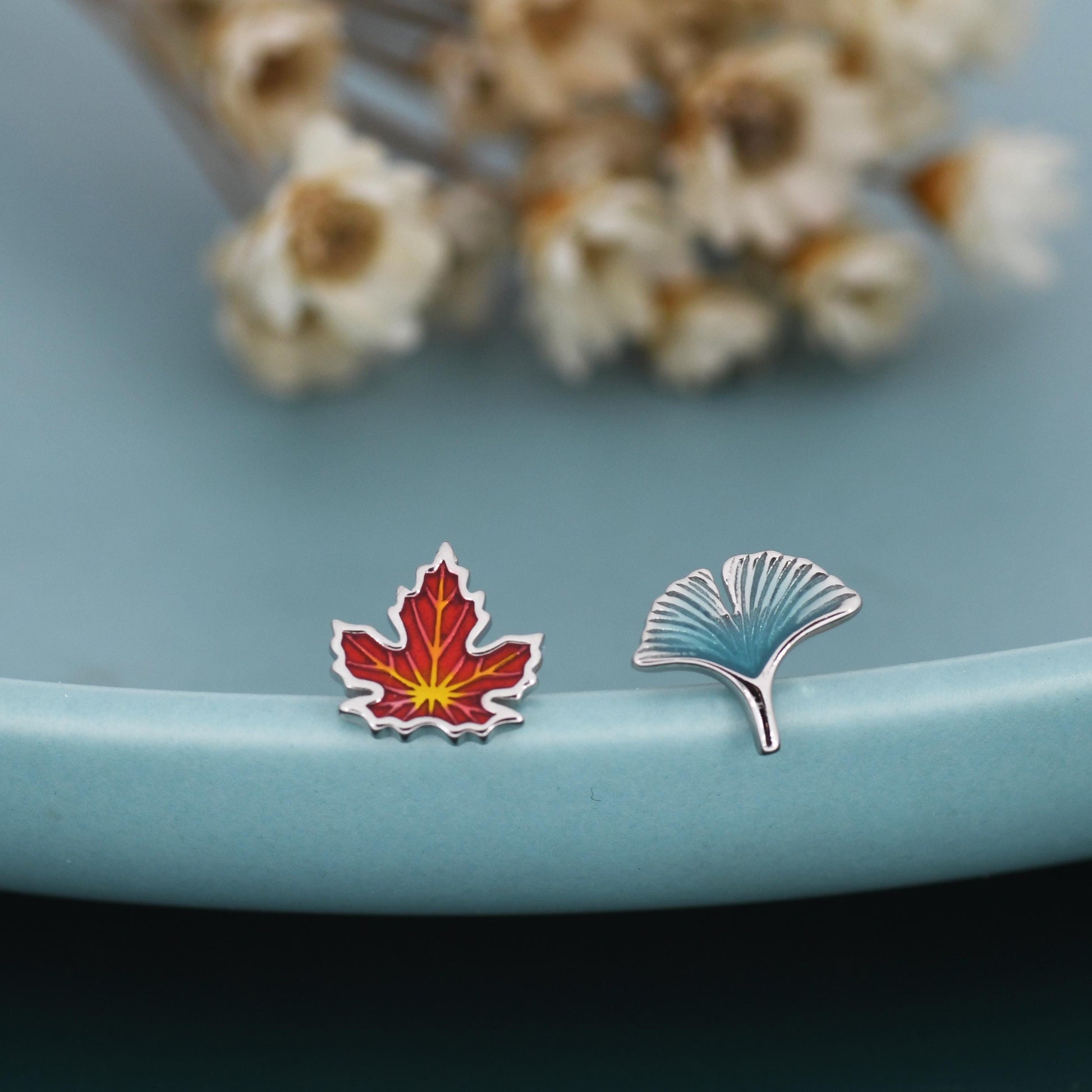 Sterling Silver Maple Leaf & Ginkgo Leaf Stud Earrings – Colorful Autumn Mismatched Earrings, Nature Inspired Jewelry, Asymmetric Earrings