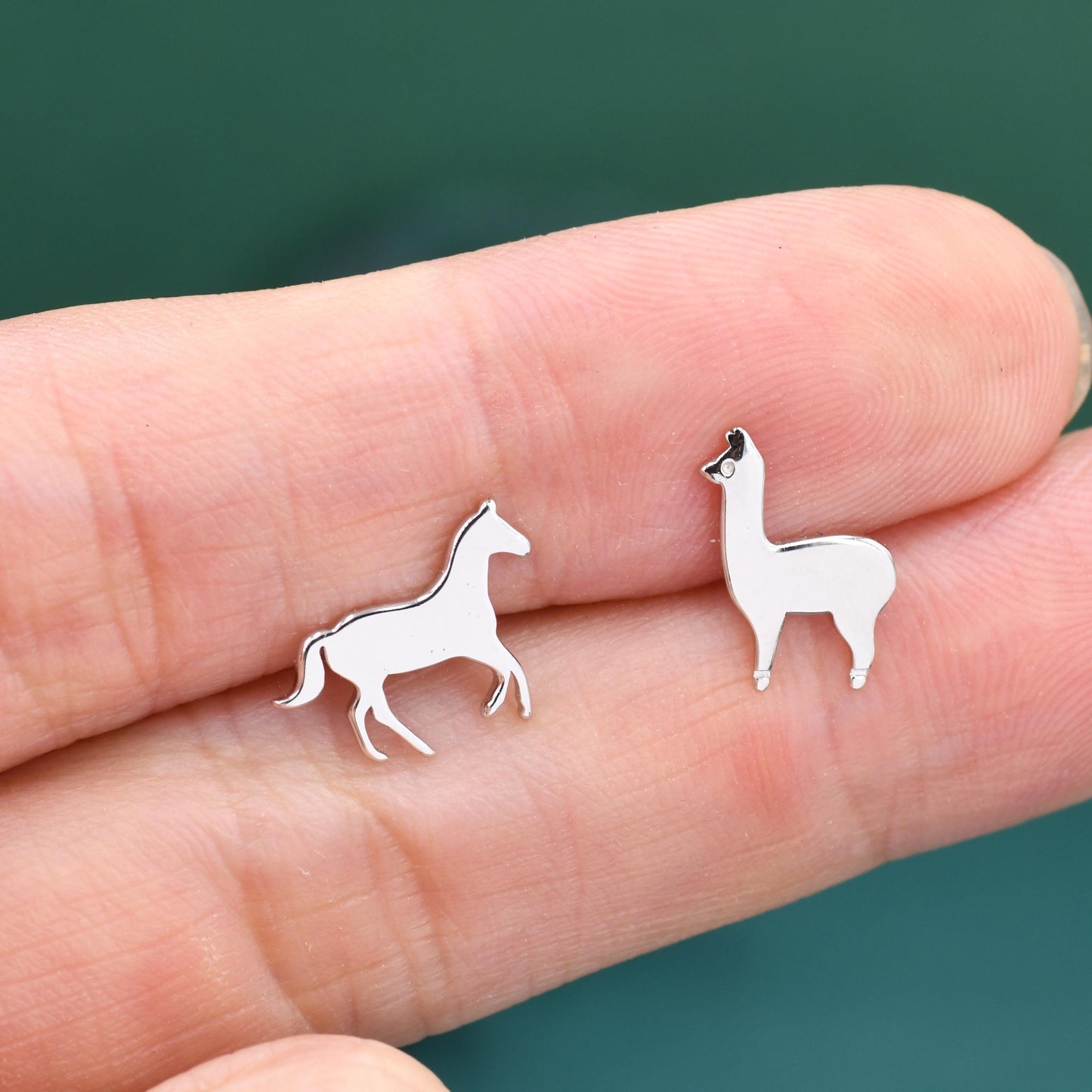 Mismatched Horse & Llama Stud Earrings in Sterling Silver – Farm Animal Asymmetric Earrings, Minimalist Animal Jewellery
