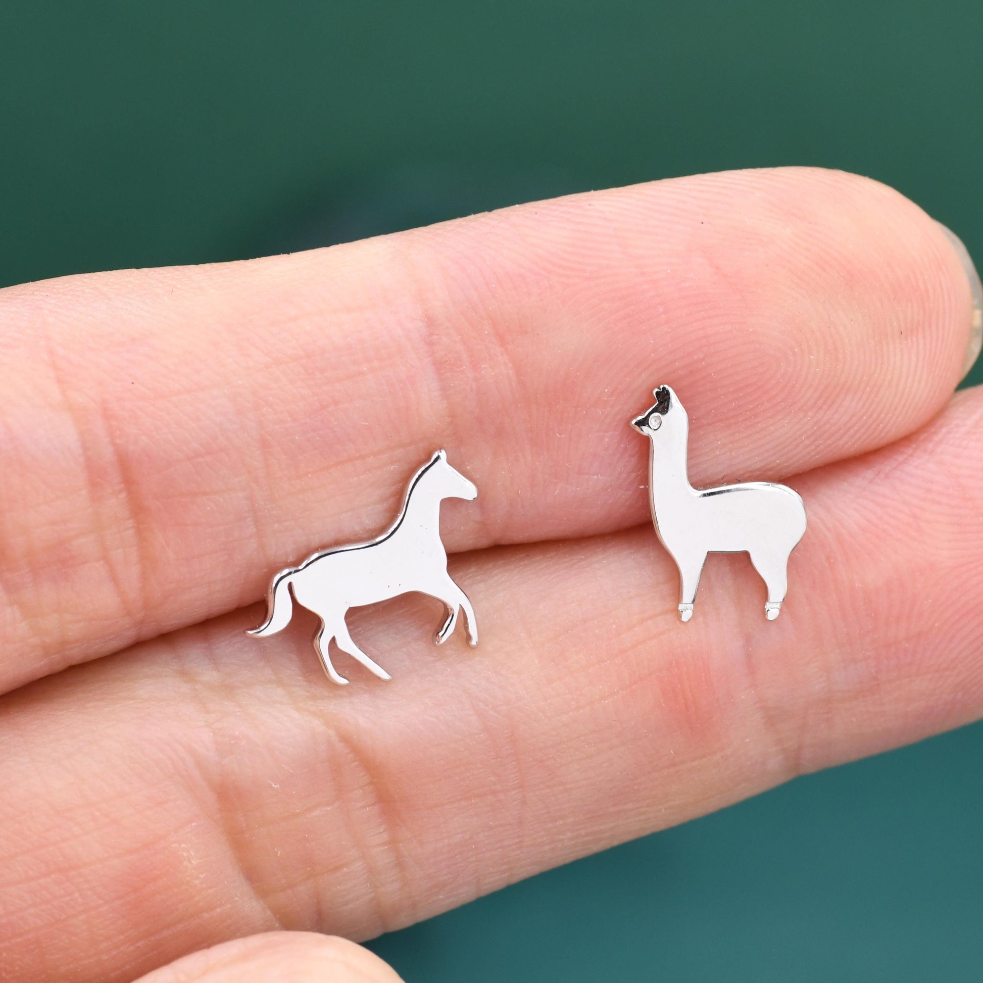 Mismatched Horse & Llama Stud Earrings in Sterling Silver – Farm Animal Asymmetric Earrings, Minimalist Animal Jewellery