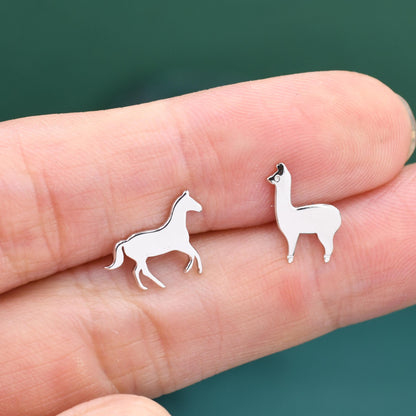 Mismatched Horse & Llama Stud Earrings in Sterling Silver – Farm Animal Asymmetric Earrings, Minimalist Animal Jewellery