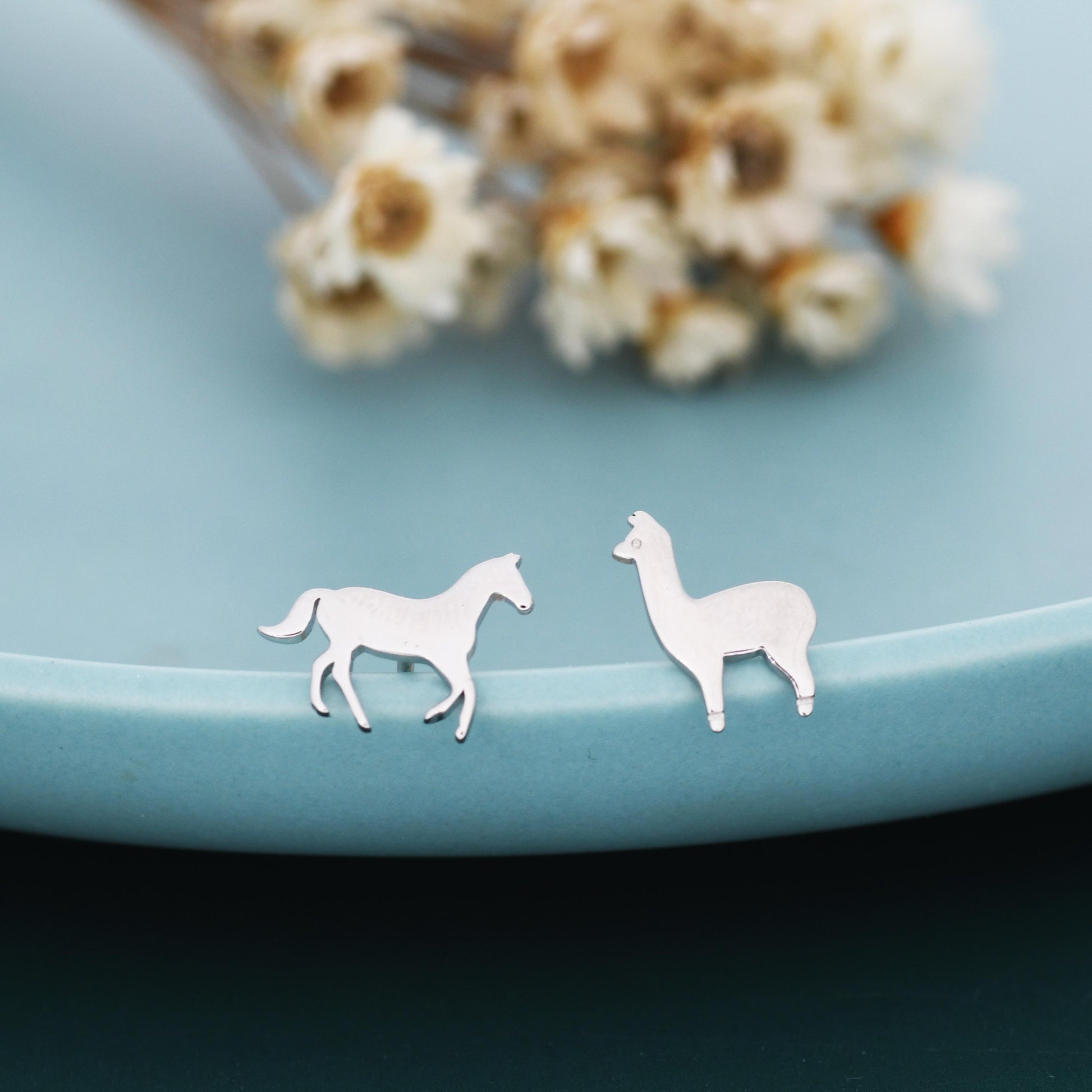 Mismatched Horse & Llama Stud Earrings in Sterling Silver – Farm Animal Asymmetric Earrings, Minimalist Animal Jewellery