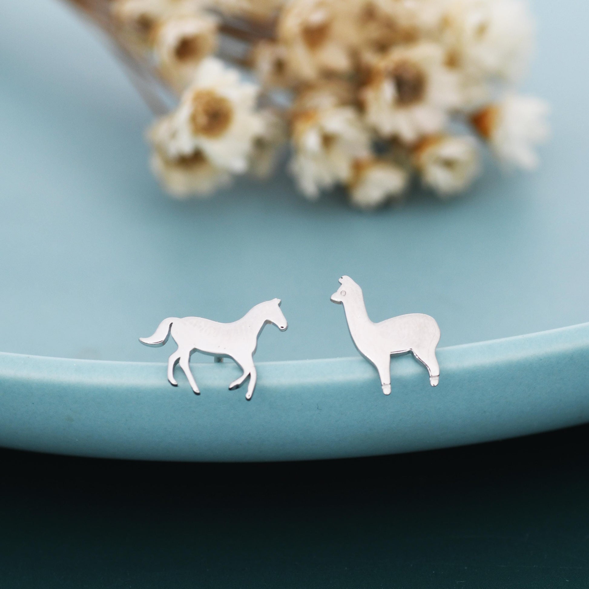 Mismatched Horse & Llama Stud Earrings in Sterling Silver – Farm Animal Asymmetric Earrings, Minimalist Animal Jewellery