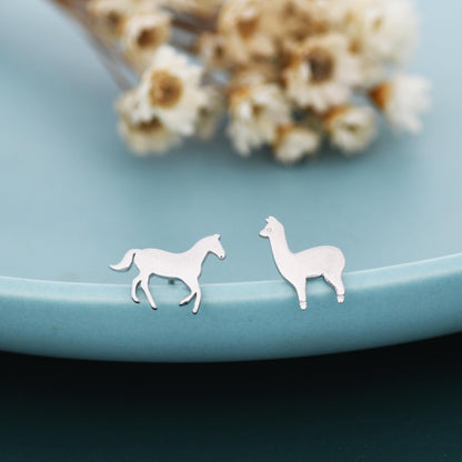Mismatched Horse & Llama Stud Earrings in Sterling Silver – Farm Animal Asymmetric Earrings, Minimalist Animal Jewellery