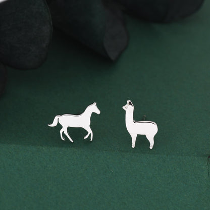 Mismatched Horse & Llama Stud Earrings in Sterling Silver – Farm Animal Asymmetric Earrings, Minimalist Animal Jewellery