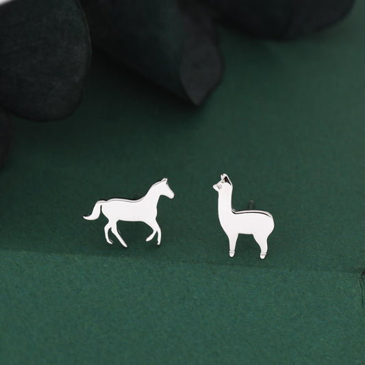 Mismatched Horse & Llama Stud Earrings in Sterling Silver – Farm Animal Asymmetric Earrings, Minimalist Animal Jewellery